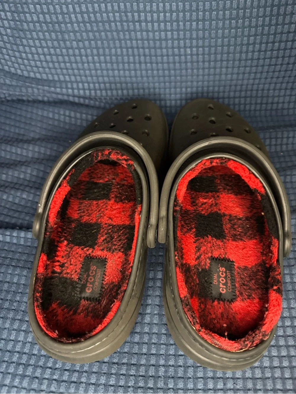 CROCS Black Classic Clog with Red/Black Buffalo Plaid Plush Lining